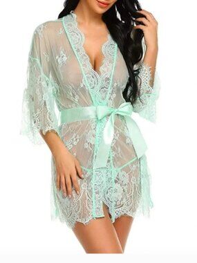 Avidlove Lace Kimono Robe Babydoll Lingerie Mesh Nightgown Aqua Green XL - NWT